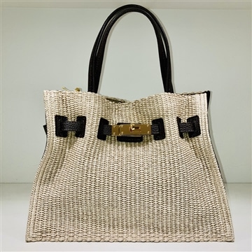 VIOLAd’ORO「イタリアンラフィアシート２WAYトートバッグ Mサイズ （sand beige×Dark Brown）」