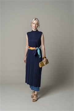 シルク混カシミア スリーブレス ロングワンピース　ネイビー/11-7019
