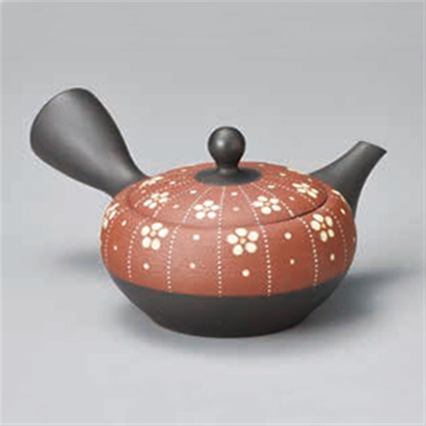 常滑焼 昭萠　平丸赤ノタ白花ルレット急須