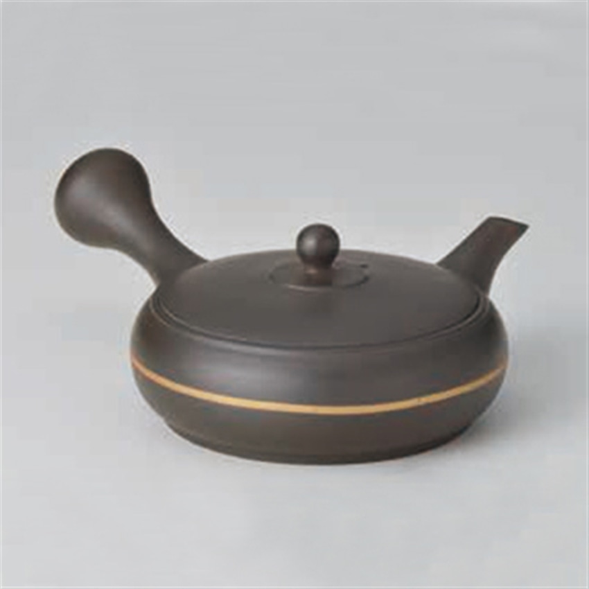 常滑焼 石龍　黒極平ゴールドライン急須