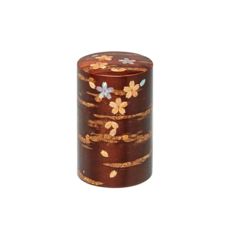 角館伝四郎　総皮茶筒(中長)貝入散花