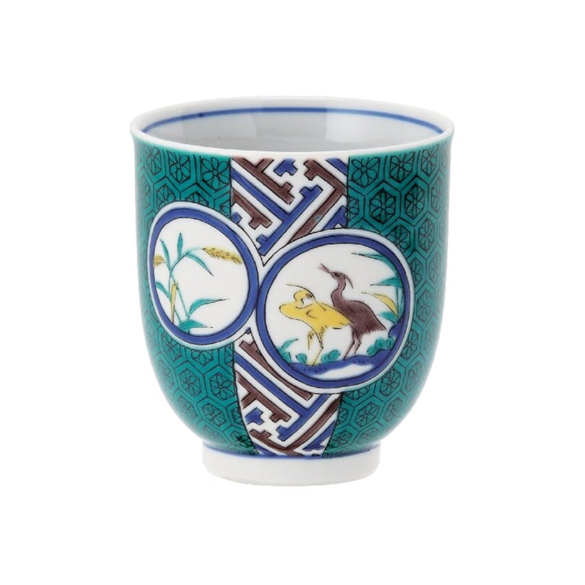 〈九谷焼〉湯呑 亀甲文鷺の図　グリーン