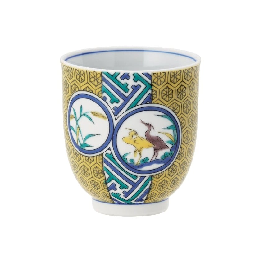 〈九谷焼〉湯呑 亀甲文鷺の図　イエロー