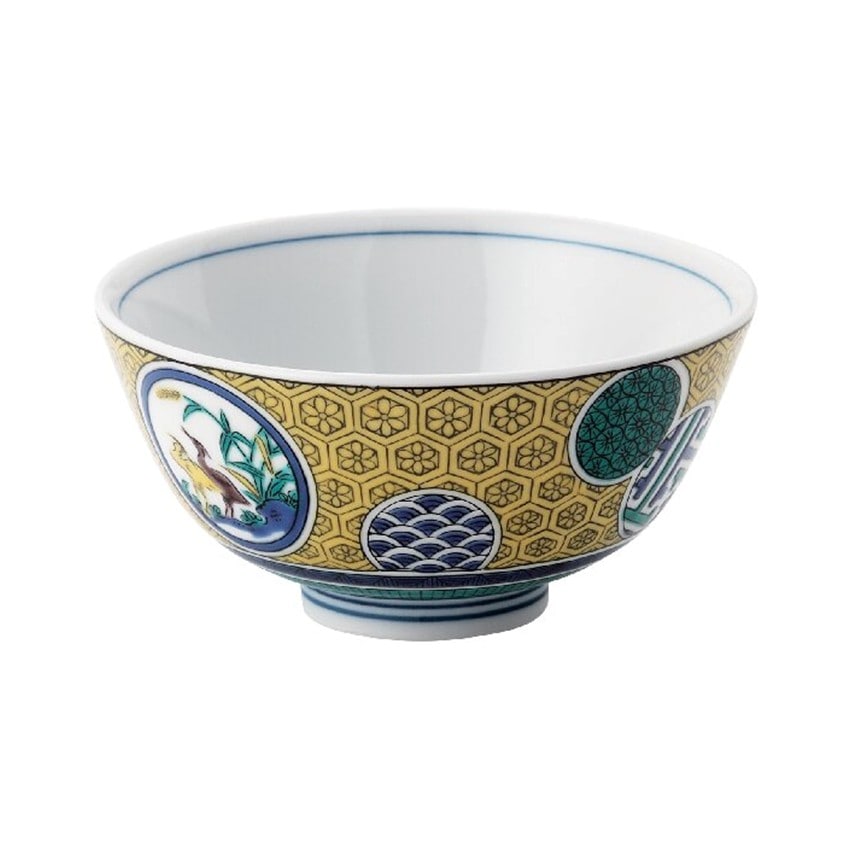 〈九谷焼〉飯椀 亀甲文鷺の図　イエロー