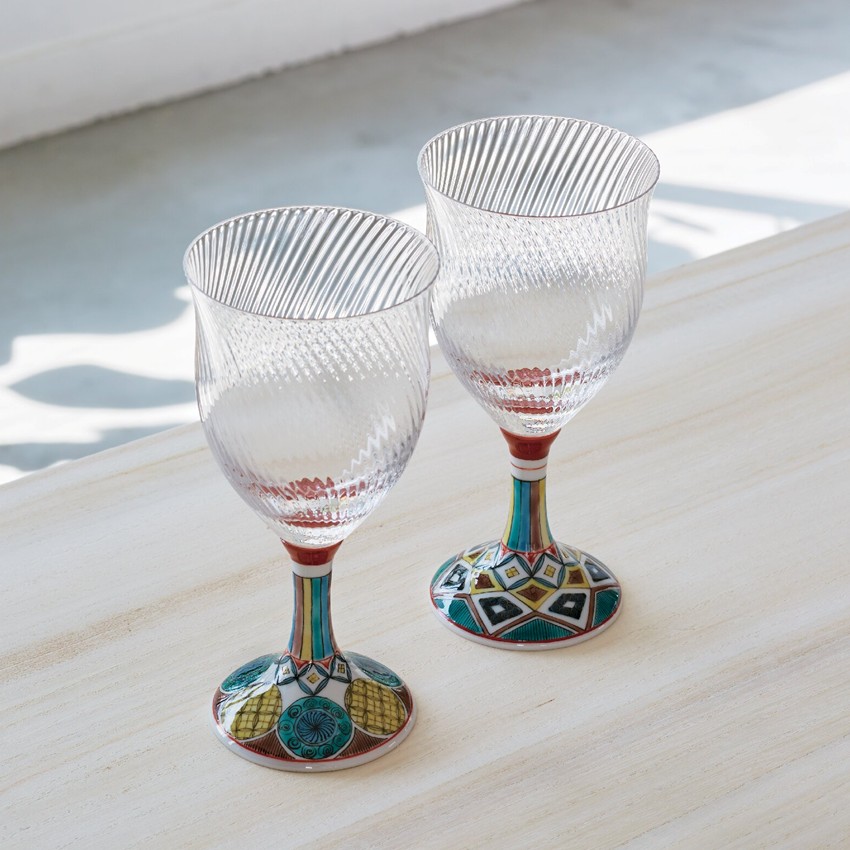 〈九谷和グラス〉ペアワイングラス　古九谷文様